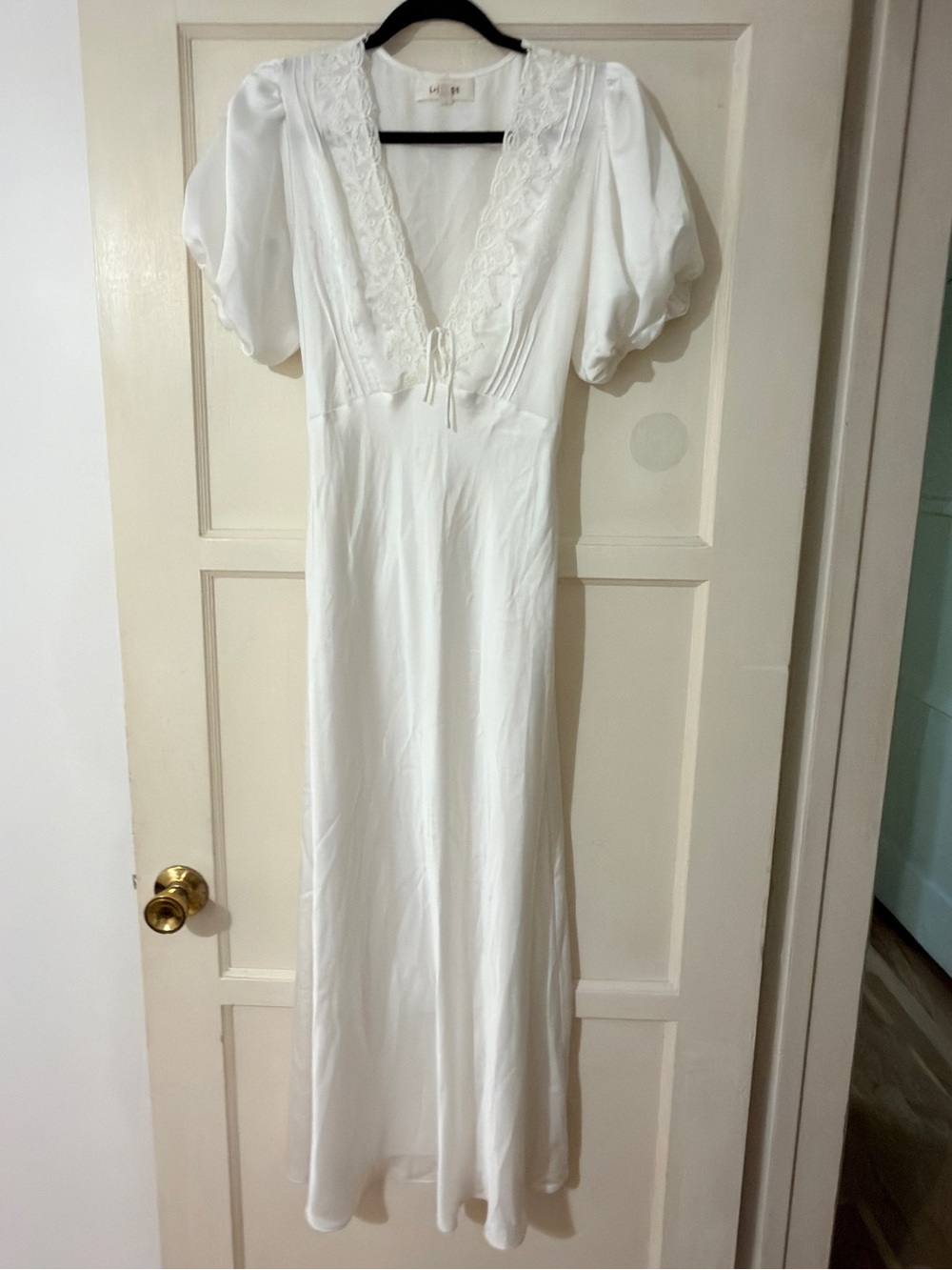 l*space White Lace-Trim Puff Sleeve Slip Dress